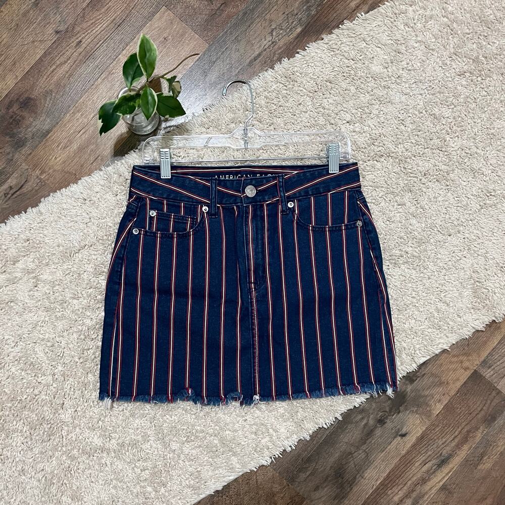American Eagle Dark Wash Striped Raw Frayed Super Stretch High-Rise Mini Skirt